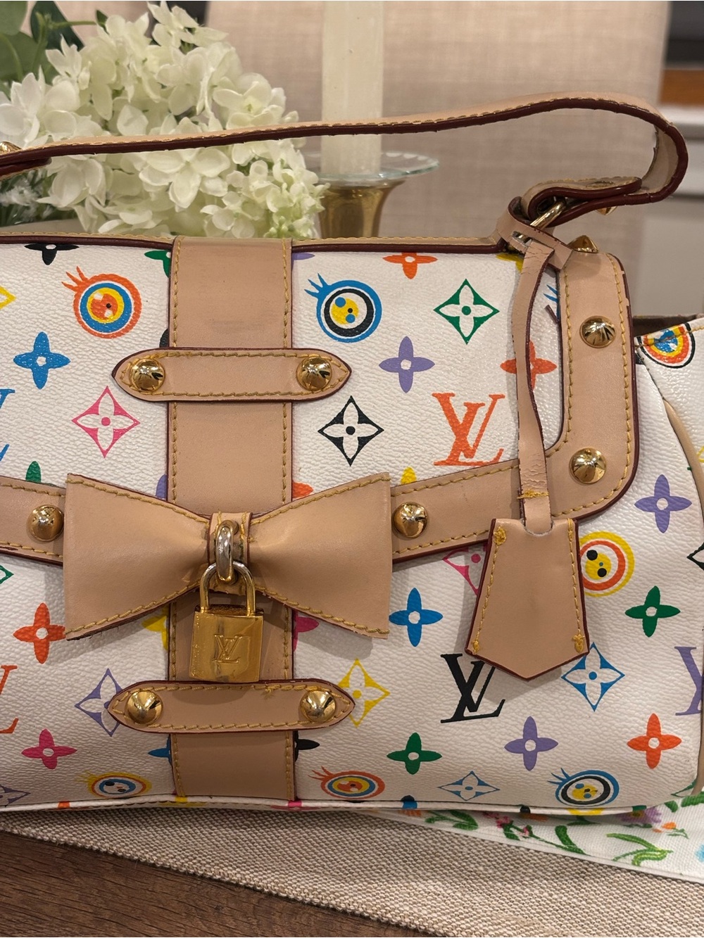 Louis Vuitton White Multicolor Monogram Canvas Shoulder Bag with Bow - Picture 2 of 5